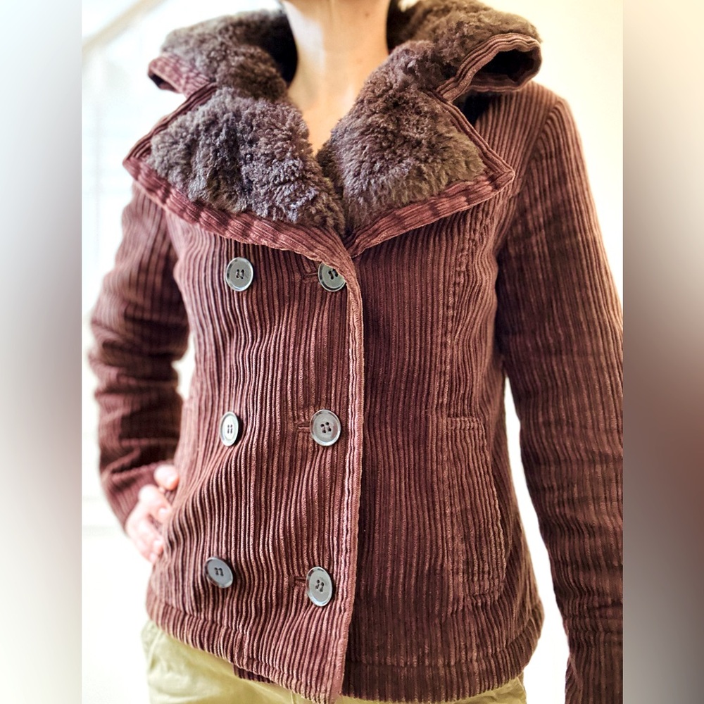 Zara Corduroy Faux Fur Collar Double Breasted Blazer Coat